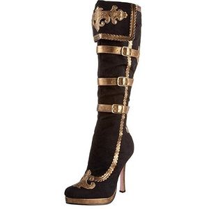 Black boots with bronze embellishment